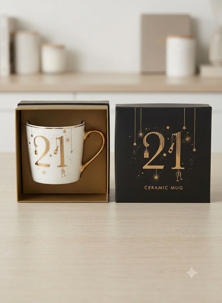 21st Birthday Mug With Gold design In Gift Box