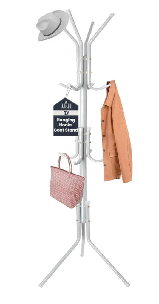 LKH Coat Rack Stand 175cm Steel Hat Stand Coat Stands with Multiple Hooks – Clothes Hanger for Jackets, Hats, Scarves, Bags & Umbrellas Space Saving Design Non-Slip Feet- White