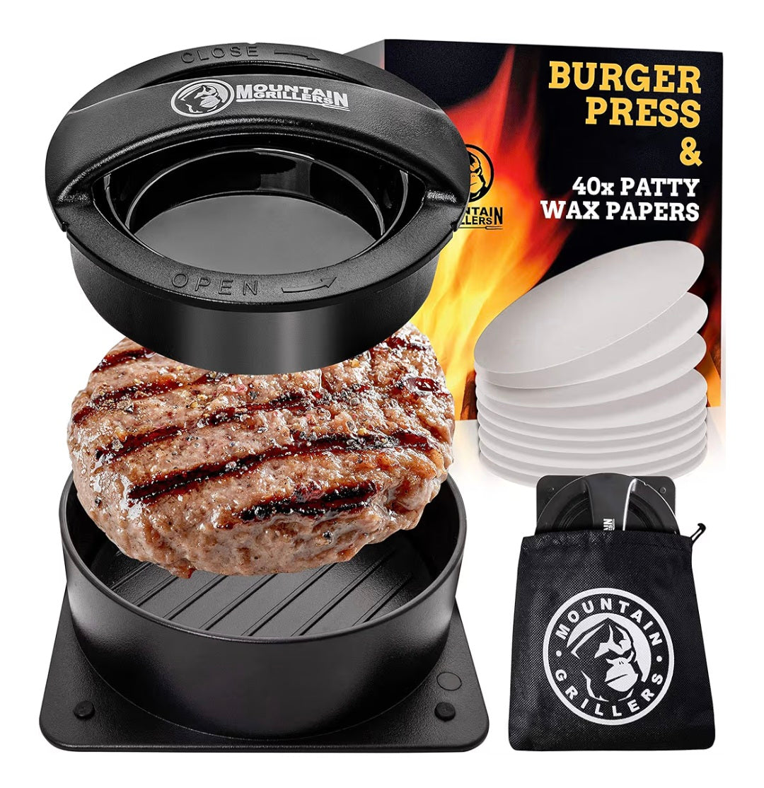 MOUNTAIN GRILLERS Burger Press - Non Stick Stuffed Burger Maker, Regular & Perfect Shaped Patties, Bonus 40 Wax Papers