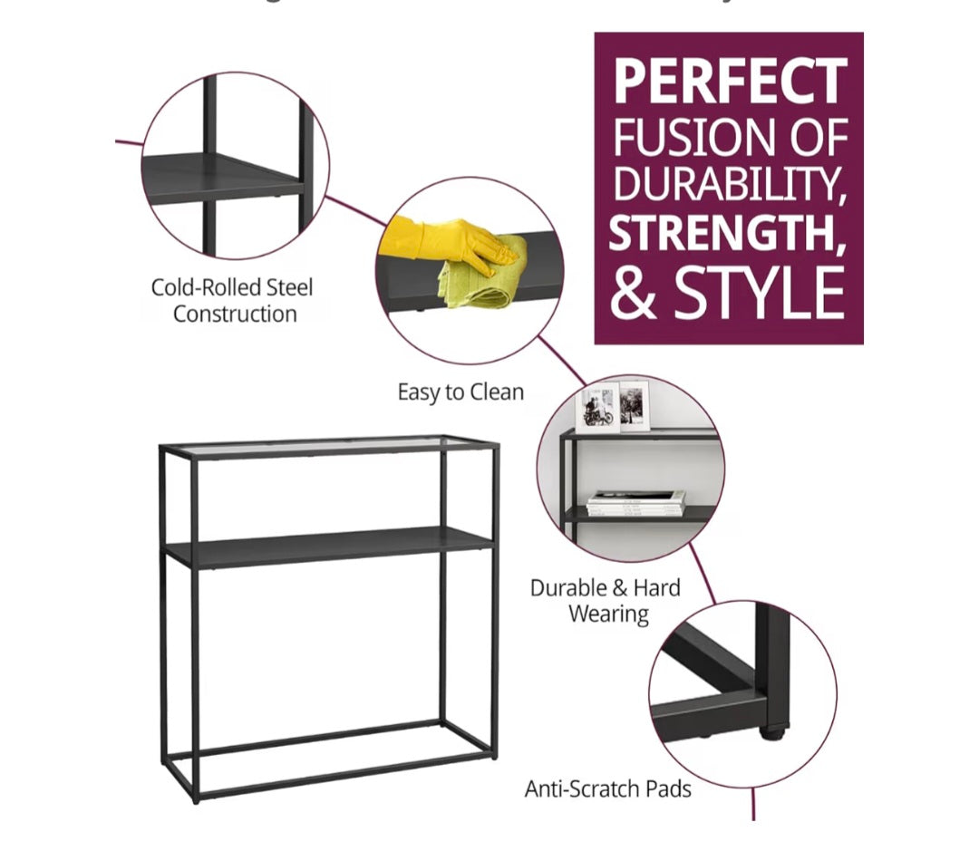 Hallowood Furniture Bewdley 80cm Display Table with Glass Top, Black Console Table with Shelf, Low Bookshelf, Office Shelving Unit, Hallway Display Unit for Living Room, Office and Hallway