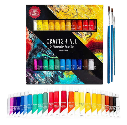 Crafts 4 ALL Watercolour Paint Set - 24 Pack of Premium Quality Watercolours for Kids, Artists, Students, and Beginners – Vibrant Paints w/ 3 Bonus Water Colour Paintbrushes