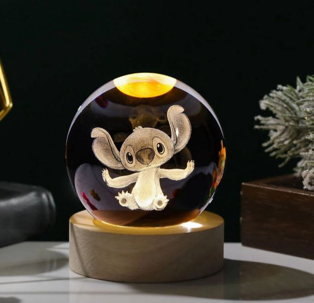 Stitch Inspired Mini 3D Laser-Engraved Crystal Ball Night Light