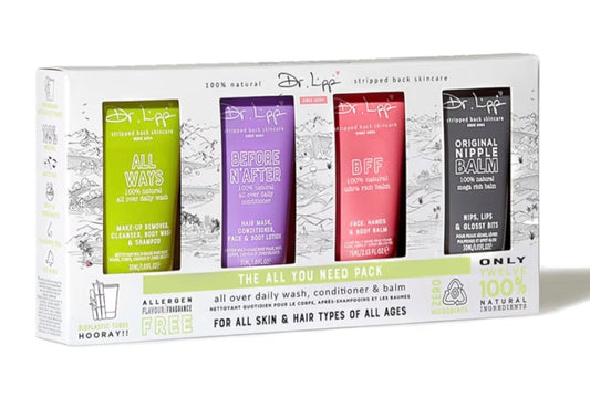 Dr. Lipp Travel Pack 4x30ml – 23-in-4 Multi-Use Face & Body Wash, Face & Body Lotion, Hair Shampoo & Conditioner, Nipple & Lip Balm & much more – 100% Natural Skin Care Set – Fragrance & Cruelty Free