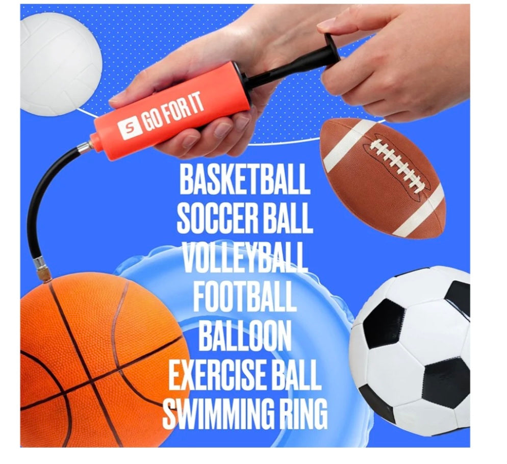 SPORTBIT Ballpump for Sports Balls - Basketball Pump for Sport Balls - Football & Soccer, Basketball, Volleyball Pump, Swim Inflatables - Hand Air Pump with 3 Needles, Nozzle, Extension Hose, Pouch