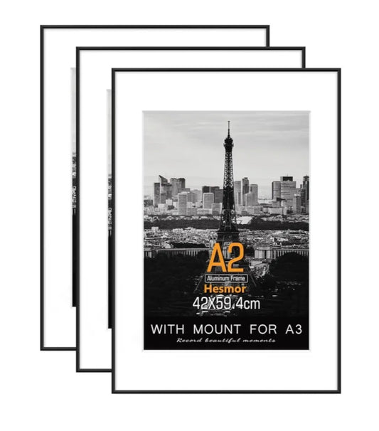 A2 Aluminum Acrylic Picture Frames in Black - A2 Photo Frames 16.5 x 23 inch Size Black Pictures Frames with Clear Plexiglass for Wall Mounting, Set of 3 Poster Frames with Mat for A3