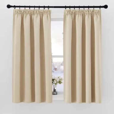 PONY DANCE Pencil Pleat Thermal Curtains for Bedroom with Hooks Beige Blackout Curtains 54 Inch Drop Window Curtains for Track Rail Short Curtains & Drapes, W46 X L54, 2 Panels, Biscotti Beige