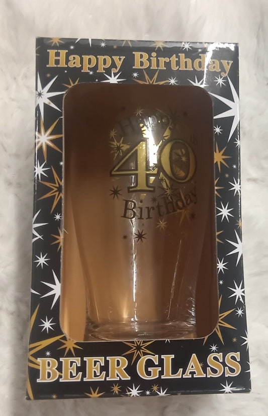 Black & Gold 40th Birthday Pint Glass . In Box.