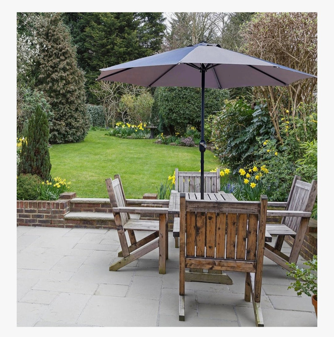 GlamHaus Garden Parasol Table Umbrella 2.7M with Crank Handle for Outdoors, UV40 Protection, Includes Protection Cover, Gardens and Patios - Robust Steel (Grey