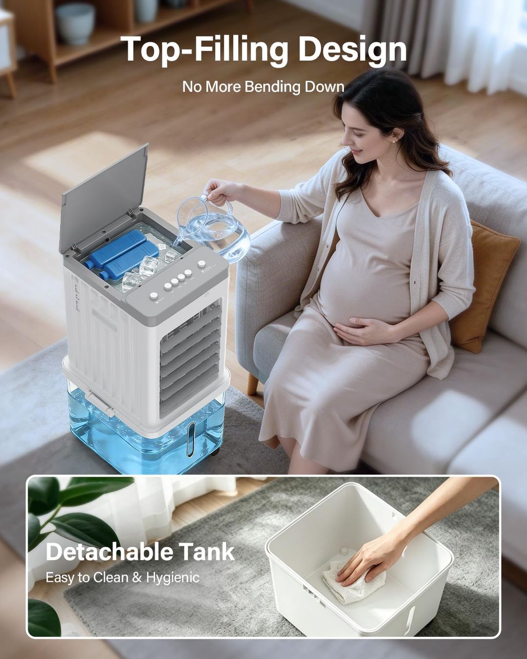 Portable Evaporative Air Cooler 12L 4-in-1 Quiet 35dB 3-Speed 120° Oscillation Detachable Tank with Wheels - White
