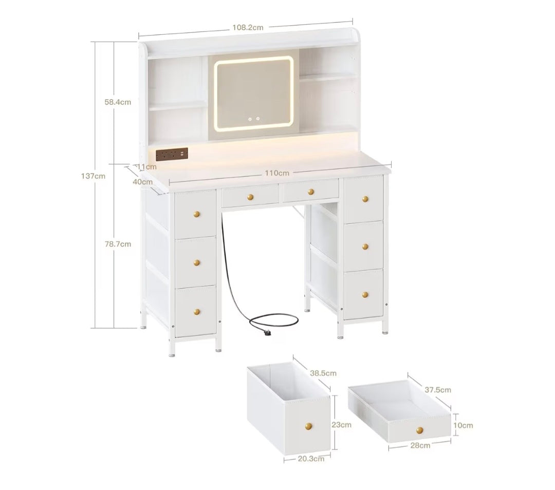 ODK Dressing Table with 8 Drawers and Movable LED Mirror, Vanity Desk with Built-in USB Power Outlets & RGB Light Strip, Vanity Table, White makeup table 110×40×137cm
