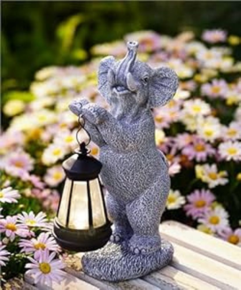 Solar Elephant Garden Ornaments with Lantern - Outdoor Figurine Lights for Patio Balcony Lawn Home Decor