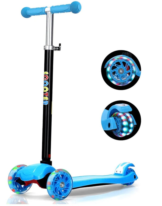 Kids 3 Wheel Scooter CE Certified Adjustable Height Scooter for Boys Girls 3-12 LED Flashing Light PU Wheels (Blue)