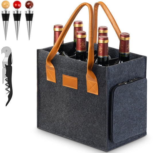 6-Bottle Reusable Felt Wine Carrier with Handle & Accessories Foldable Bottle Basket – 6-Bottle