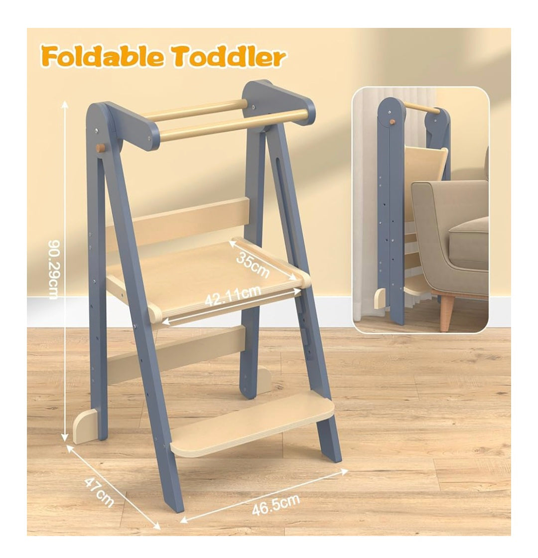 Yornoli Foldable Wooden Step Stool Ladder for Kids Toddler Standing Tower Kitchen Child Steps Stool, Grey