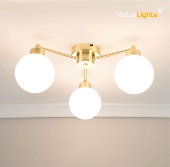3 Way Brushed Gold Ceiling Light Fitting with Globe Shades | Close-to-Ceiling Lights, Home Décor & Improvement Essential | Mains Wired