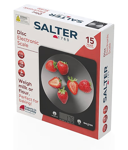 Salter 1036 BKSSDR Digital Disc Kitchen Scale – Cooking & Baking Scales for Food Weight, Stainless Steel Weighing Platform, 5KG Capacity, Tare Function, Large LCD Easy Read Display, Measure Liquids, Black