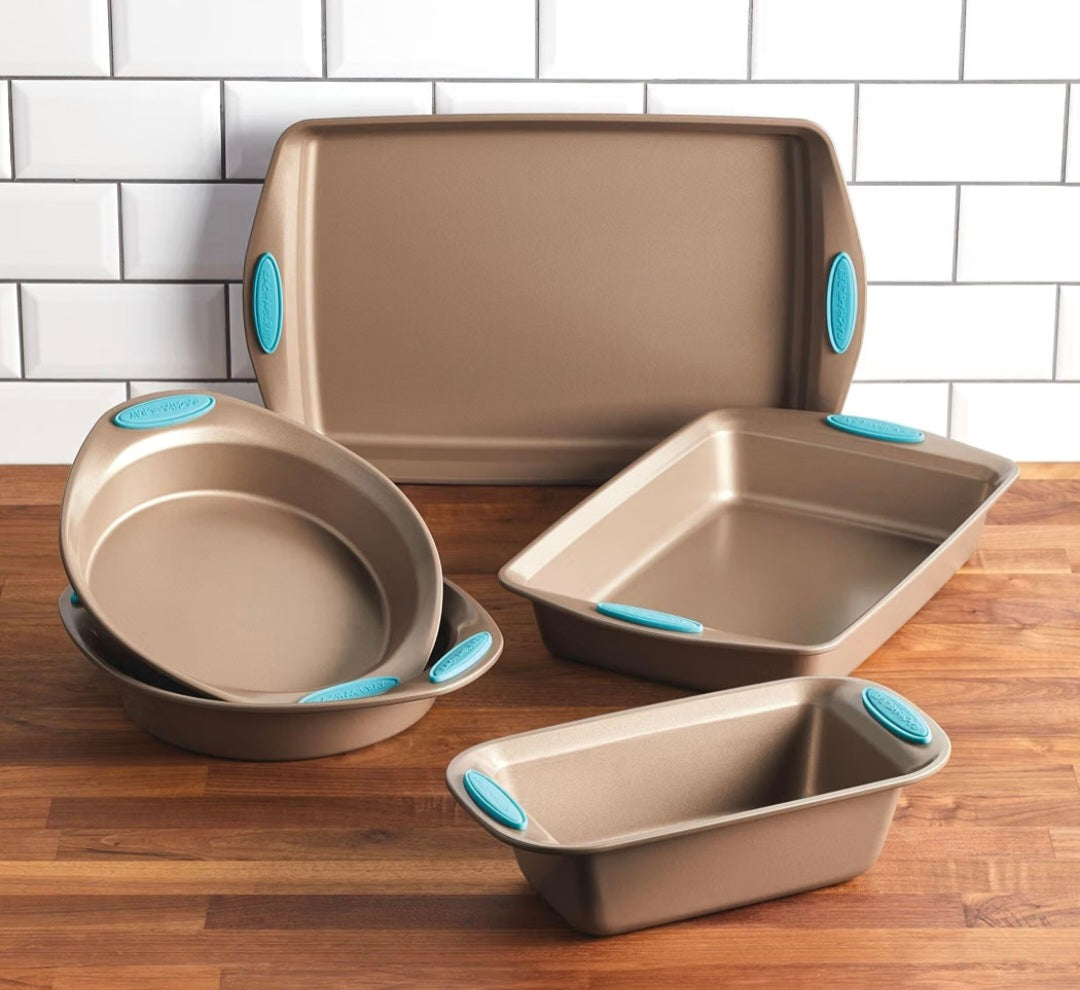 Rachael Ray Nonstick Bakeware 5-Piece Set, Latte Brown with Agave Blue Handle Grips