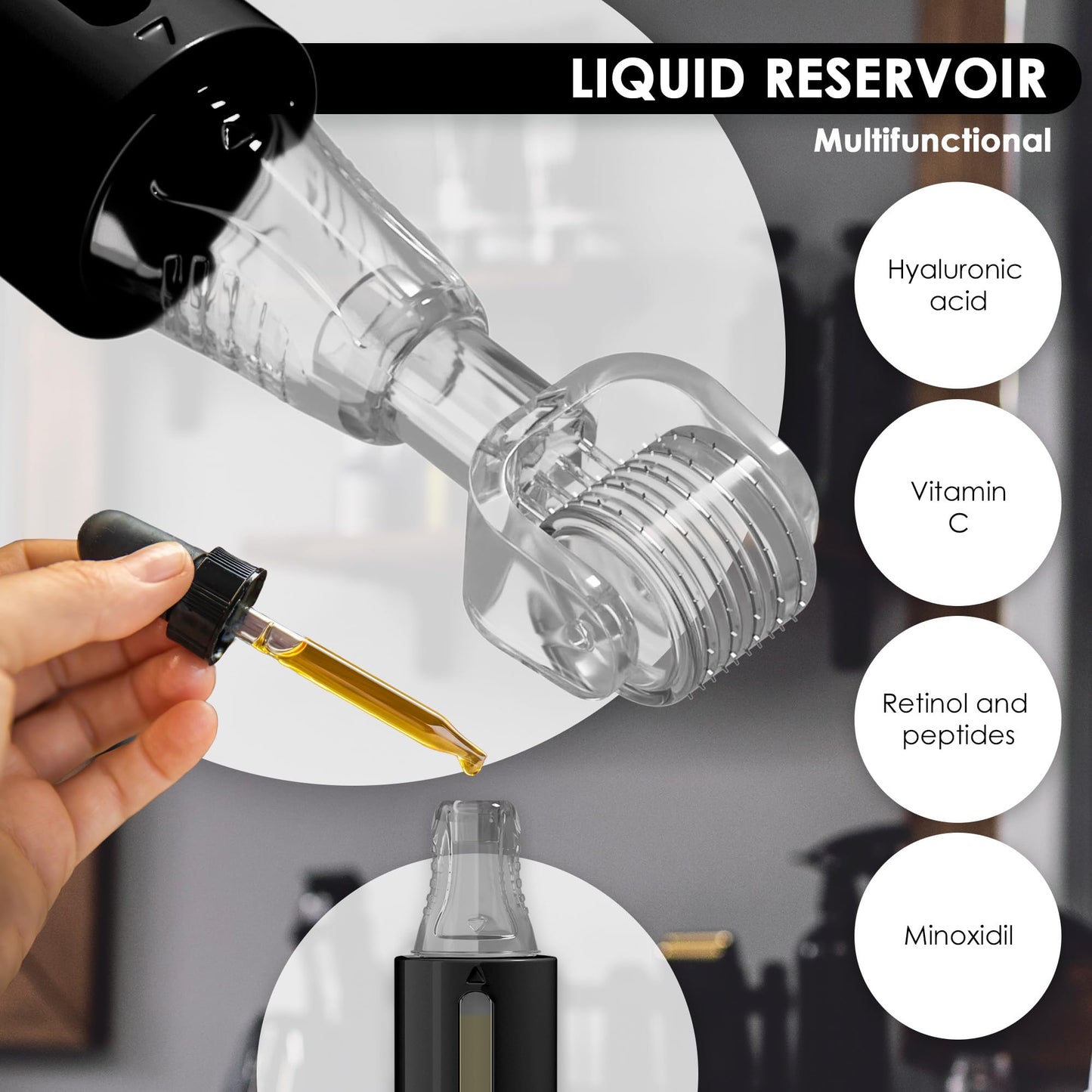 Derma Roller with Serum Reservoir for Hair, Beard and Skin Rejuvenation 105 Titanium Needles 0.25mm