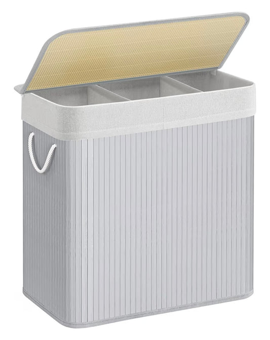 SONGMICS Laundry Hamper Basket with 3 Sections, Clip-on Lid and Handles, 150L Foldable, for Laundry Room, Bedroom, Bathroom, Grey LCB091G01