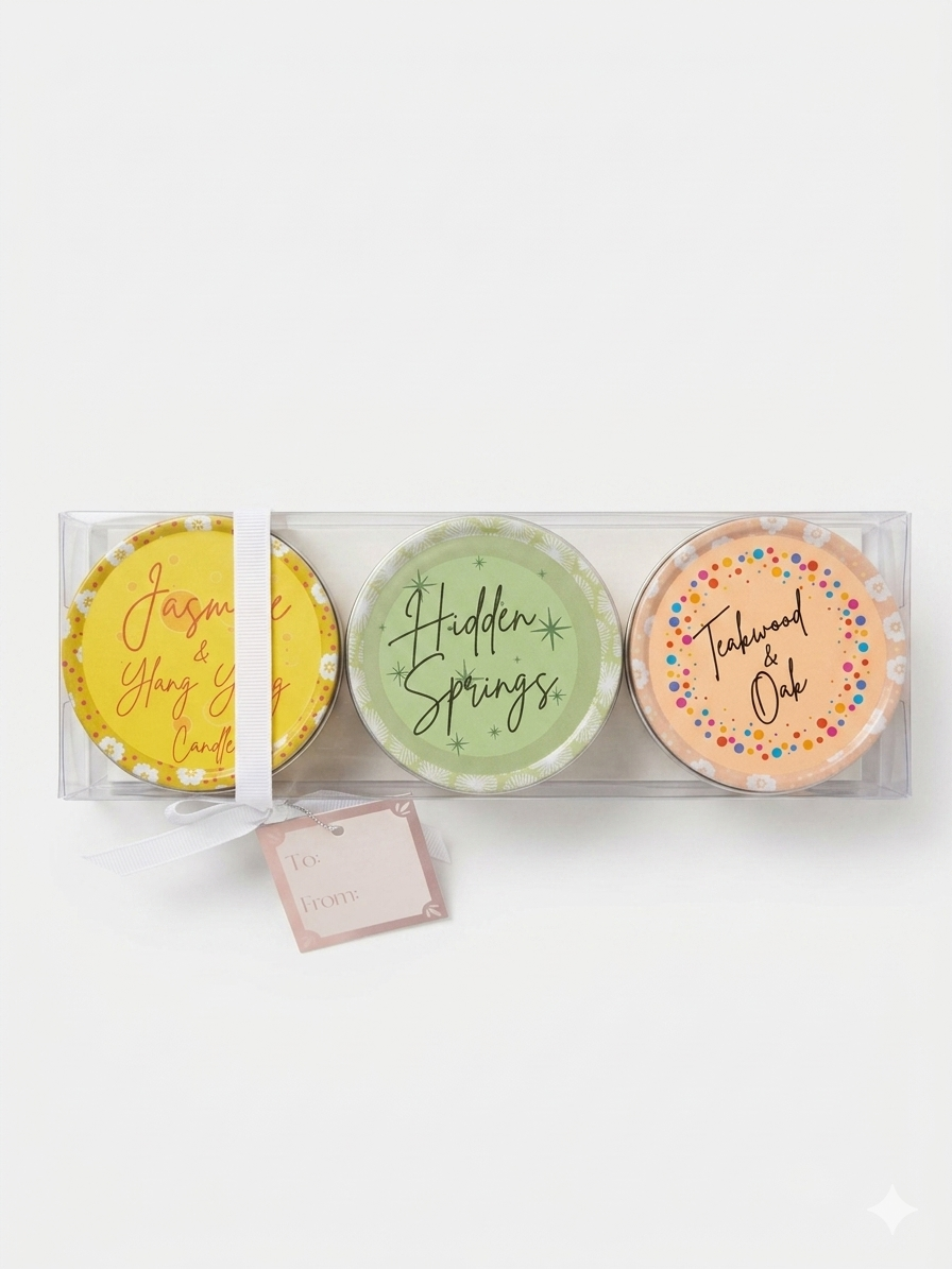 Candle Gift Set Of Three - Jasmine & Ylang Ylang, Hidden Springs, Teakwood & Oak Tinned Candles