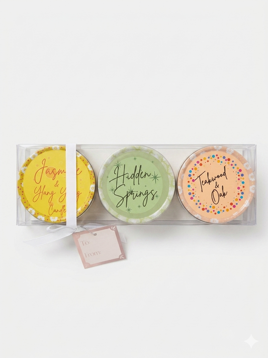 Candle Gift Set Of Three - Jasmine & Ylang Ylang, Hidden Springs, Teakwood & Oak Tinned Candles