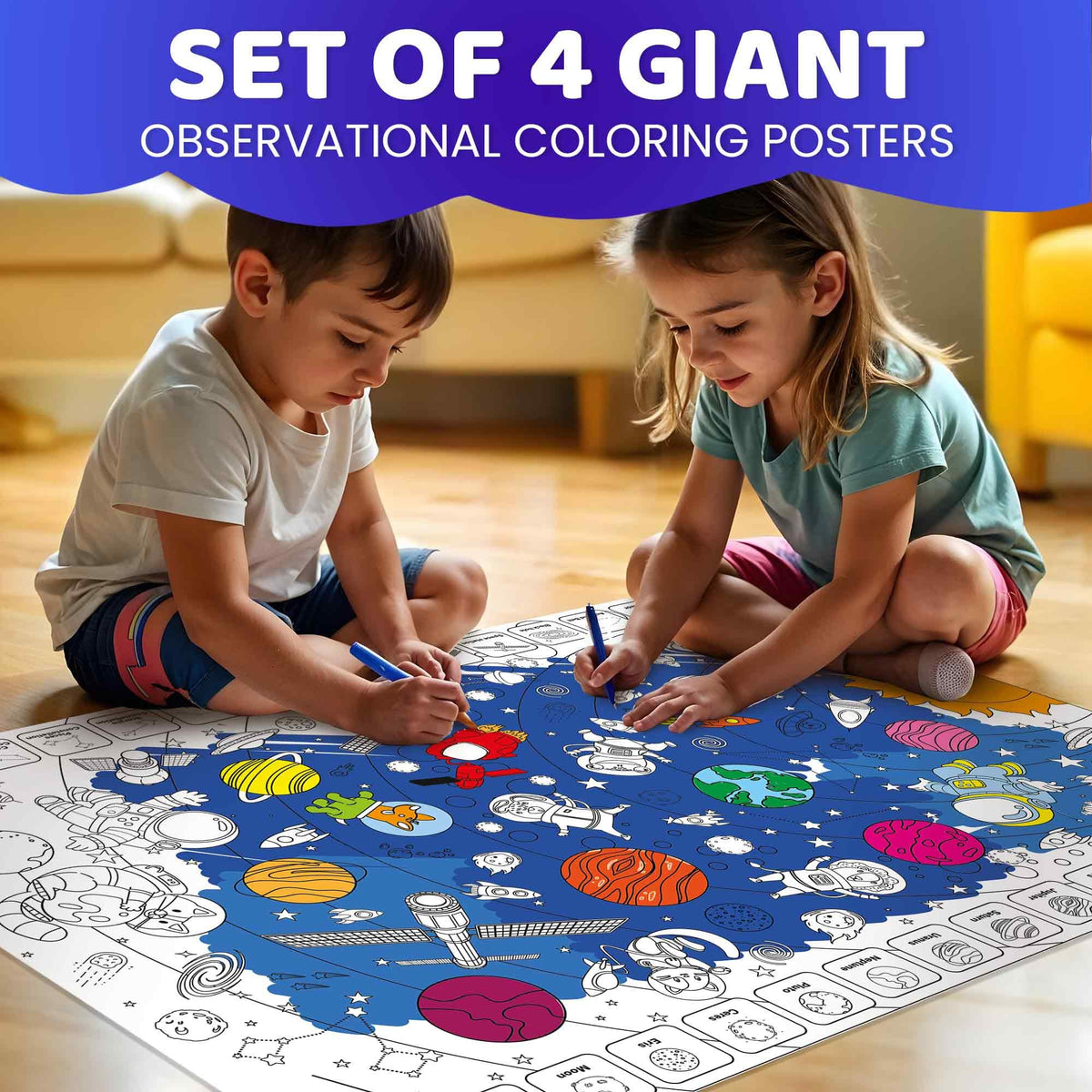 Giant Kids Colouring Posters 4-Pack – 2x3 Ft Sheets with Educational Tasks including