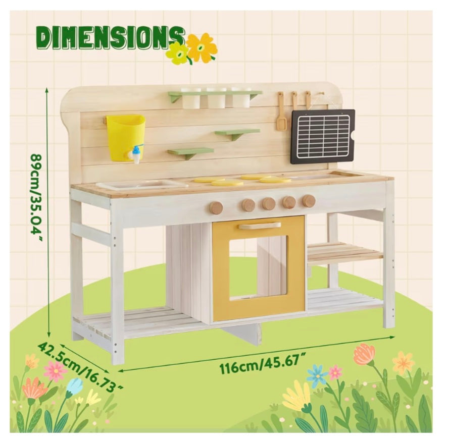 Giant bean Mud Kitchen for Kids Outdoor, Deluxe Wooden Toy Play Kitchen Set for Boys and Girls Ages 3-8 Indoor & Outdoor Activities, with Sand and Water Sink, Blackboard and Accessories