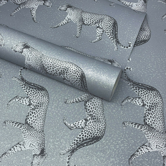 Crown Glamorous Leopard Charcoal Silver Print Wallpaper