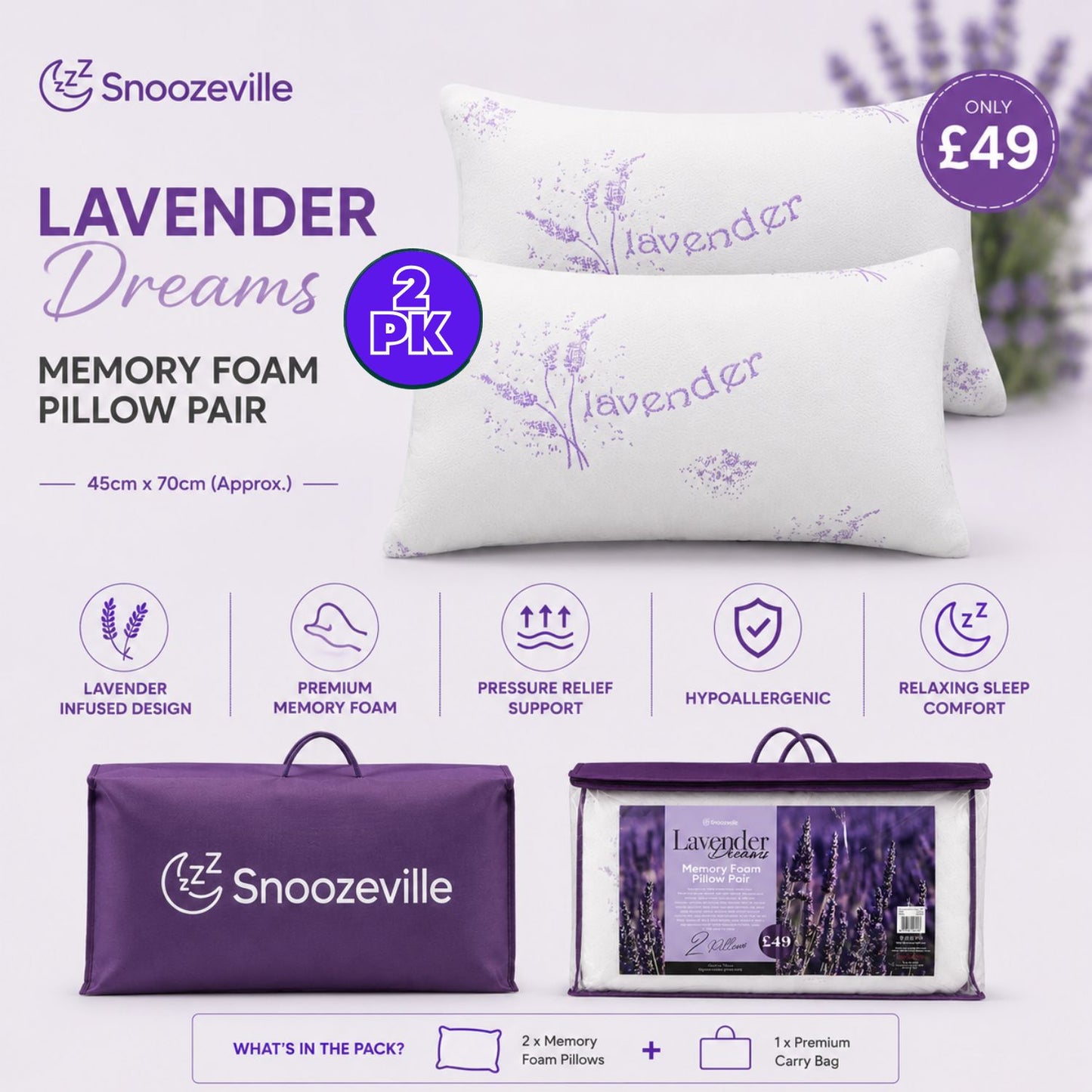 Pack of 2 Lavender Memory Foam Pillows RRP £49!