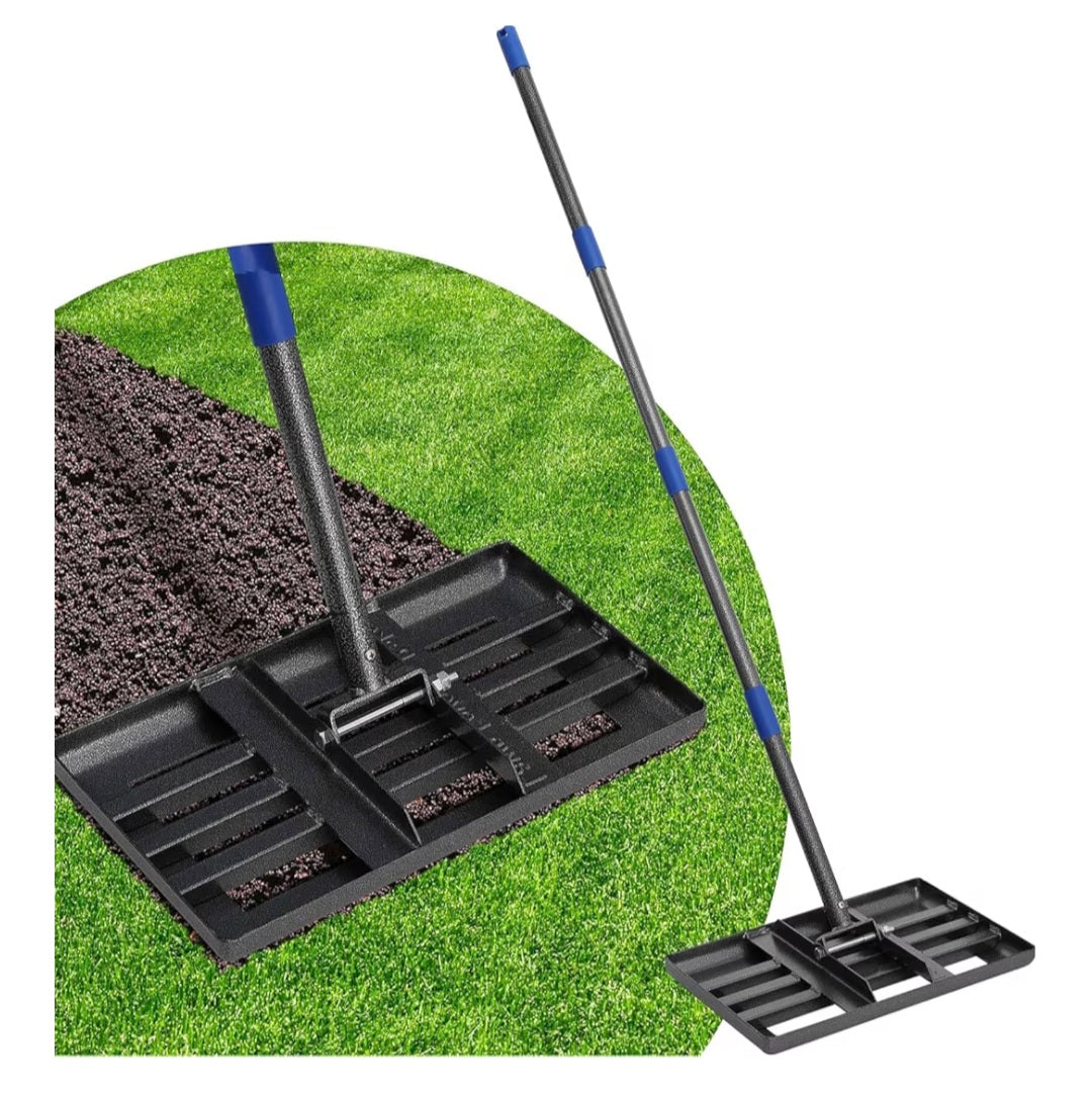 Lawn Leveling Rake, 43 x 25 cm Levelawn Tool with Effort Saving Curved Edge, 5 FT Metal Lawn Leveler Heavy Duty, Move Soil Ground Surfaces Freely, Length Adjustable