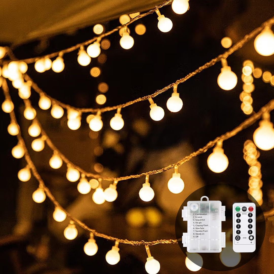 Battery Fairy Lights 60 LED 30ft Waterproof String Lights 8 Modes Indoor Outdoor Christmas Decorations - Warm White