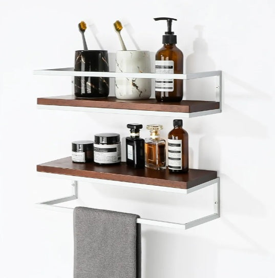 Set Of 2 Dark Wood Floating Shelves With White Basket