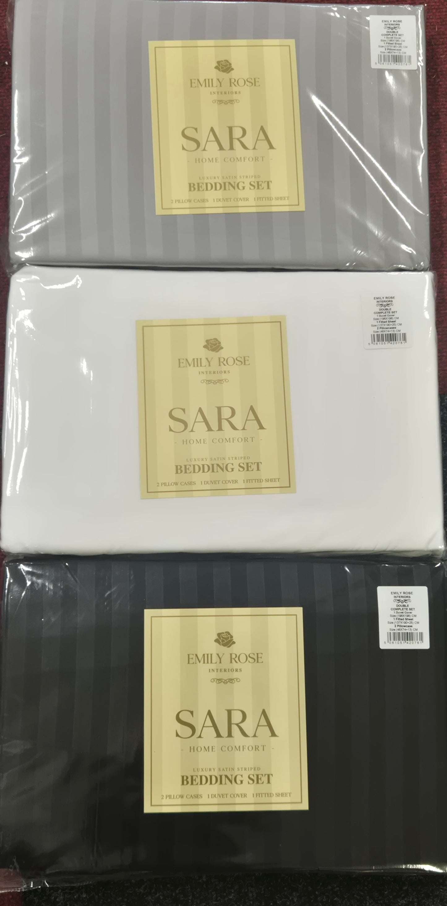 Emily Rose Luxury Satin Striped Full Luxury Bedding Set King or Double in 3 Colours