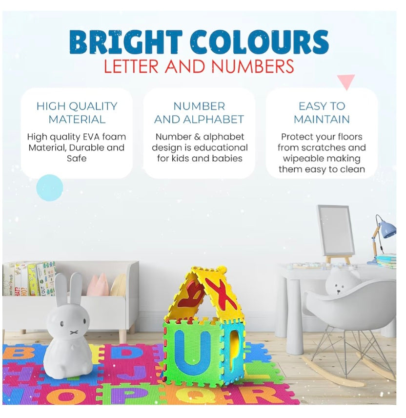 Kids Play Mat 36 Pieces Floor Puzzle Interlocking Tiles for Toddler Children Numbers Alphabet Colorful Interlock flooring - 87cm x 87cm