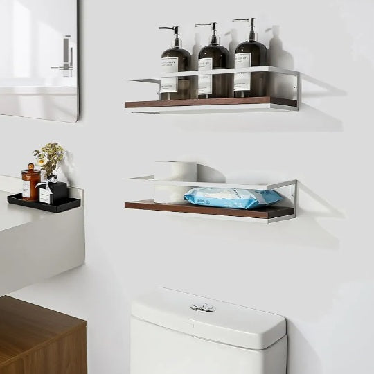 Set Of 2 Dark Wood Floating Shelves With White Basket