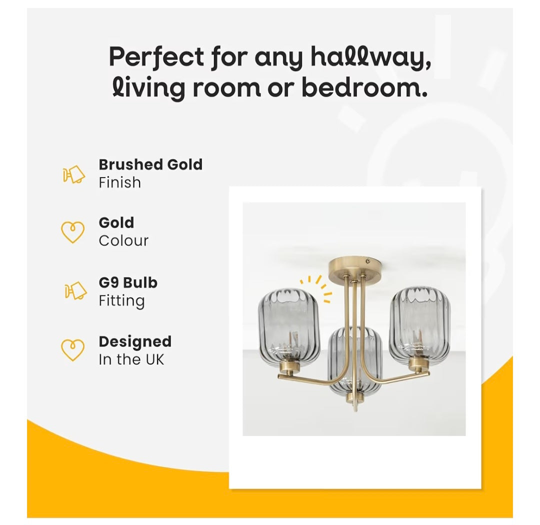 Gold 3 Way Ceiling Light Fitting with Smoked Ribbed Glass Shades | Pendant Lights, Home Décor & Improvement Essential | Mains Wired