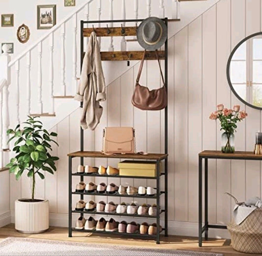 HOOBRO Coat Stand, Coat Rack with Shoe Storage, Free Standing Hall Tree with 9 Hooks, Shoe and Coat Rack for Hallway, Entryway, Me