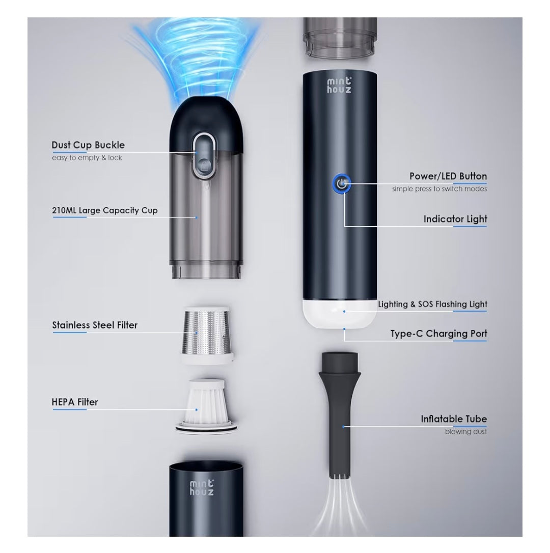 Minthouz Handheld Vacuum Cleaner 17000Pa, 120W Cordless Car Vacuum Rechargeable with Blower, 2-Speed Portable Wireless Mini Hand Held Vacuum Cleaner with LED/SOS Light for Car Home (Blue) Hoover
