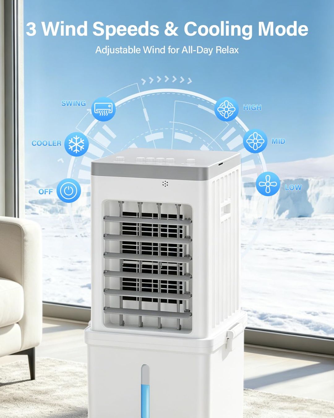 Portable Evaporative Air Cooler 12L 4-in-1 Quiet 35dB 3-Speed 120° Oscillation Detachable Tank with Wheels - White