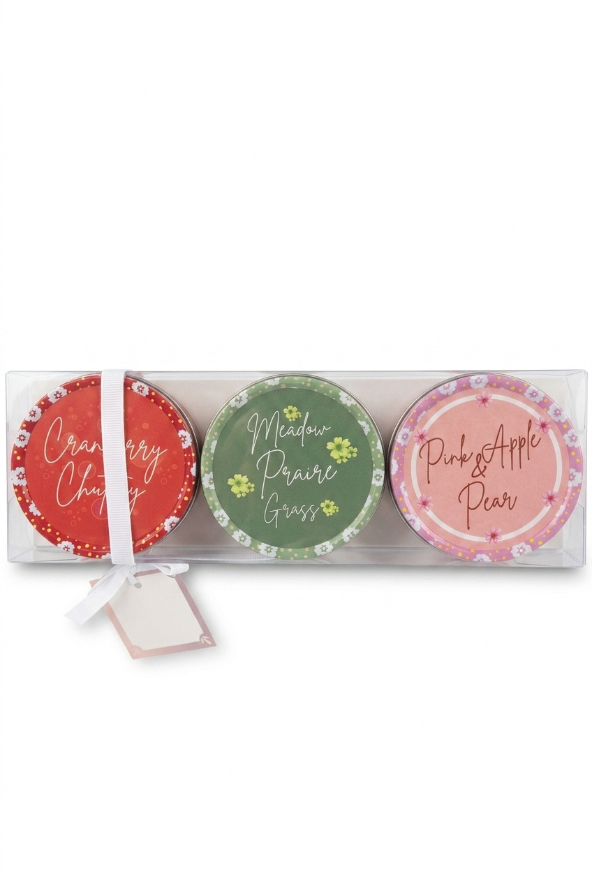 Candle Gift Set Of Three - Cranberry Chutney, Meadow Praise Grass, Pink Apple & Pear Tinned Candles