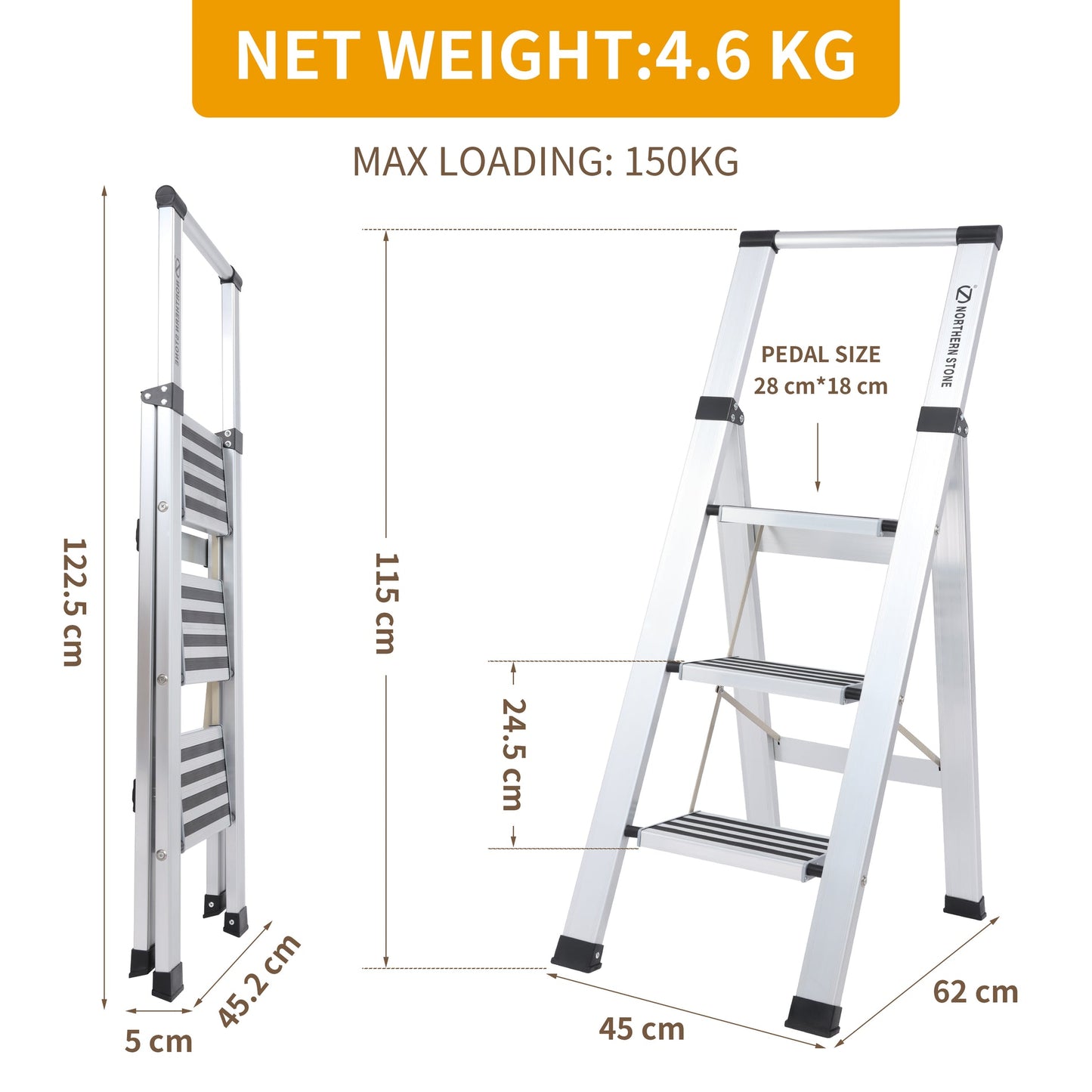 Northern Stone 3 Step Ladder with Handrail | Step Ladder 3 Step