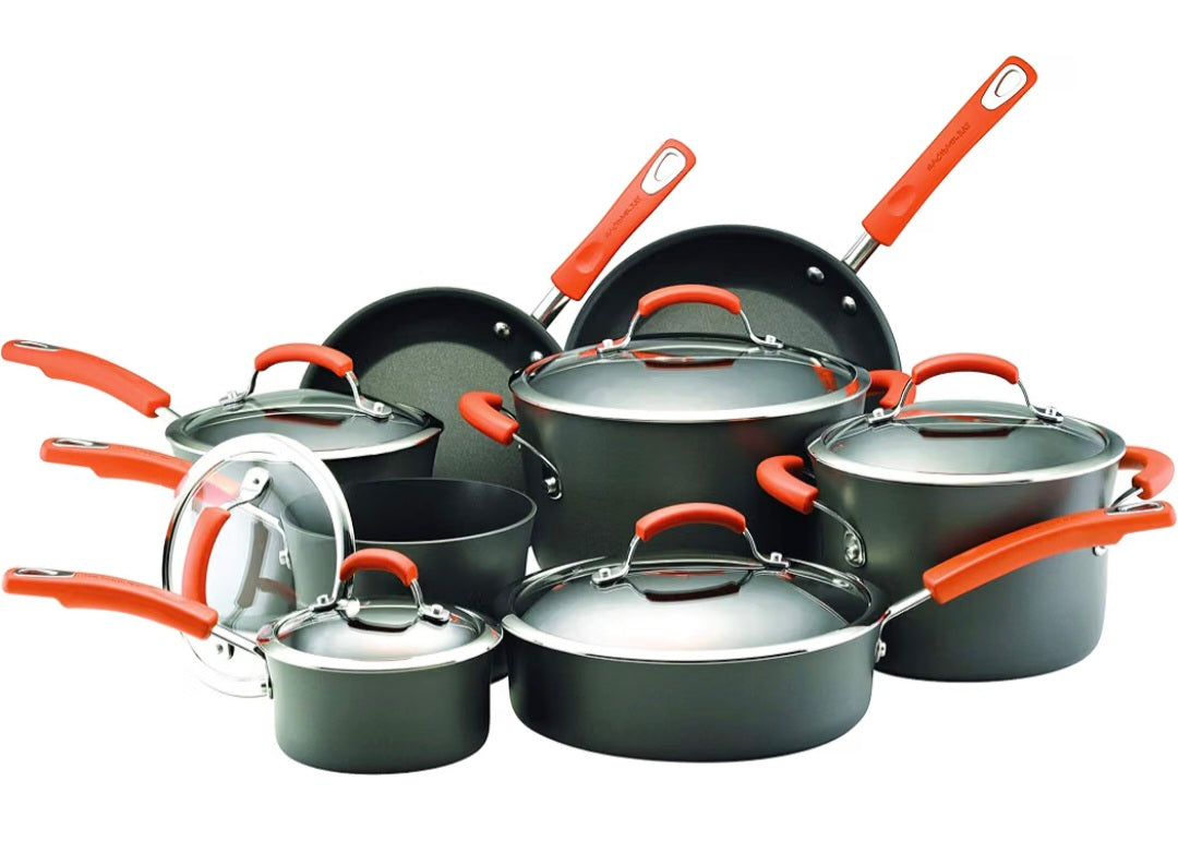 Rachael Ray Hard Anodised Nonstick 8 piece Pots and Pans Set, dishwasher safe with toughened glass lids and orange handles
