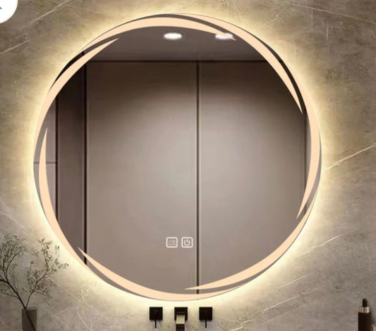 Anti-Fog Patterned Round Bathroom Mirror Wall Mounted Mirror with 3-Color Dimmable LED Light, IP44 80x80cm