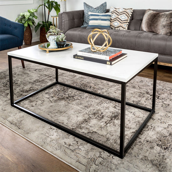 Marina Rectangular Wooden Coffee Table with Metal frame In White Marble Effect