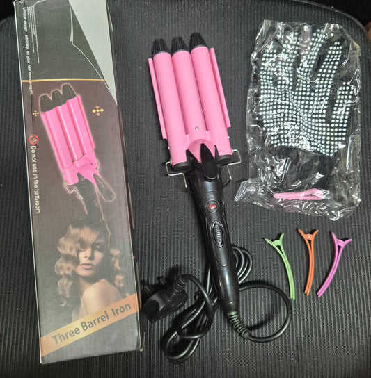 (22MM) Hair Curler 3 Barrel Hair Waver Curling Iron Pink with Gloves and 3 clips