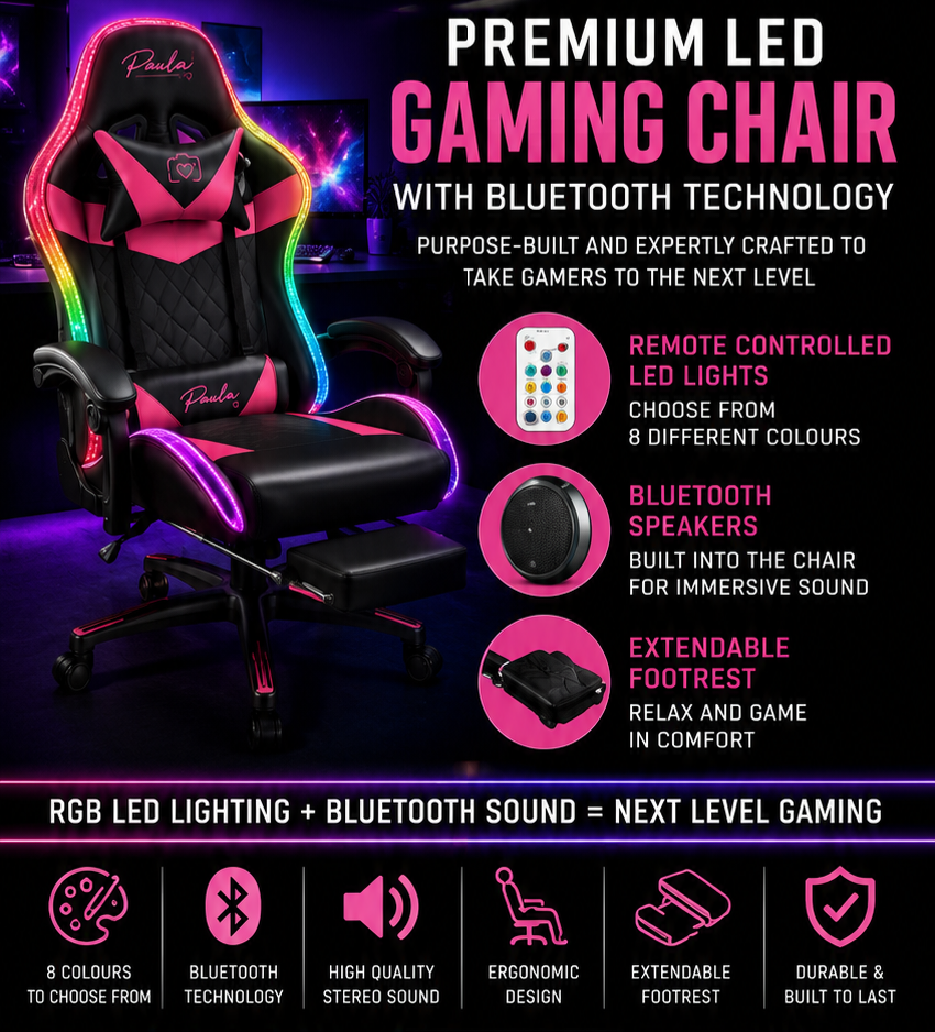 Premium LED Gaming Chair various colours built in bluetooth speaker & remote control