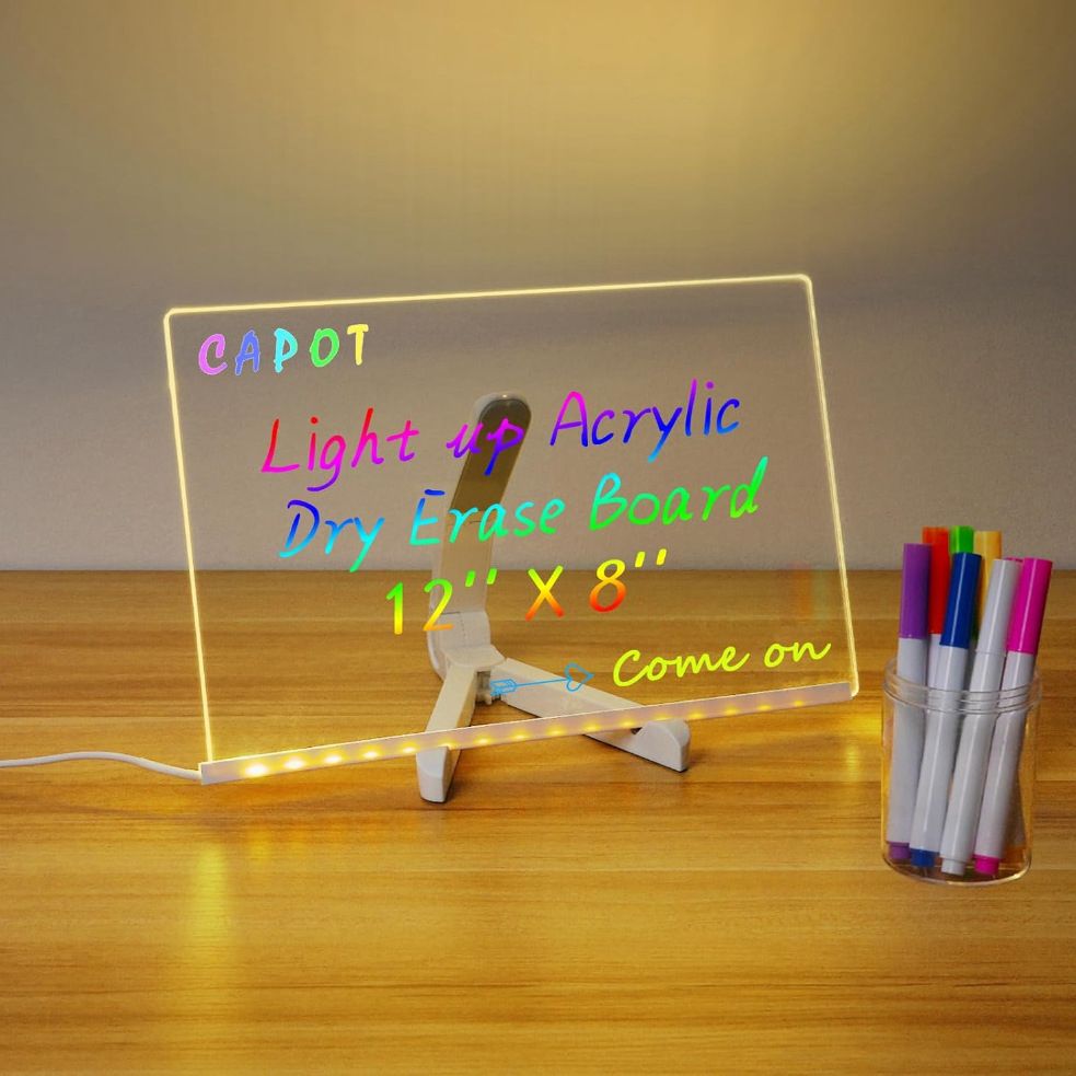 CAPOT Acrylic Dry Erase Board with Light 11.8 X 7.9” Light up Dry Erase Board with Stand as a Glow Memo LED Letter Message Board Note Glass Led Board White Board with 7 Pen