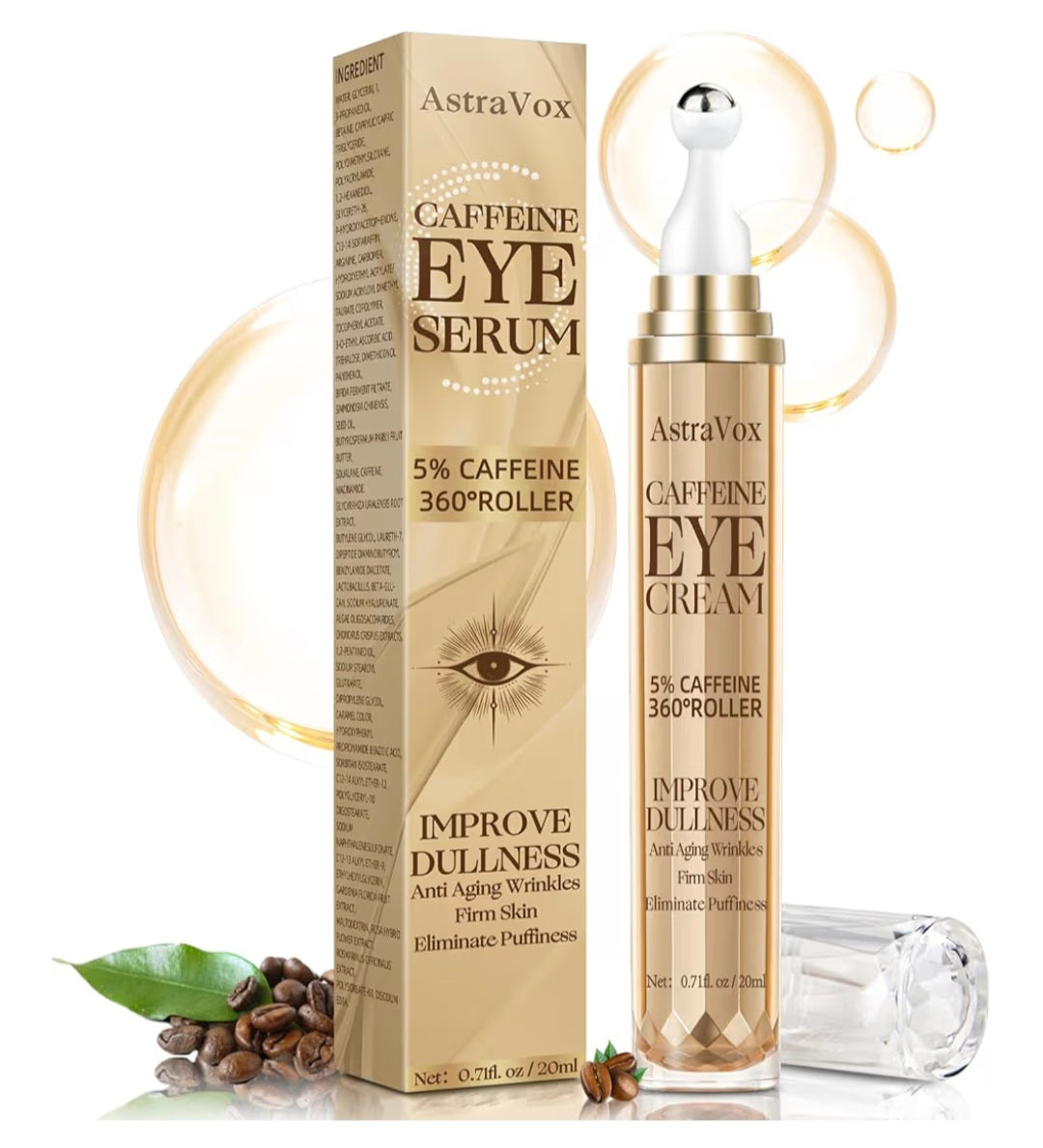 AstraVox Caffeine Eye Cream, 20ml Under Eye Cream for Dark Circles and Puffy Eyes, Reduce Eye Bags and Anti Aging with 360°Massage Ball