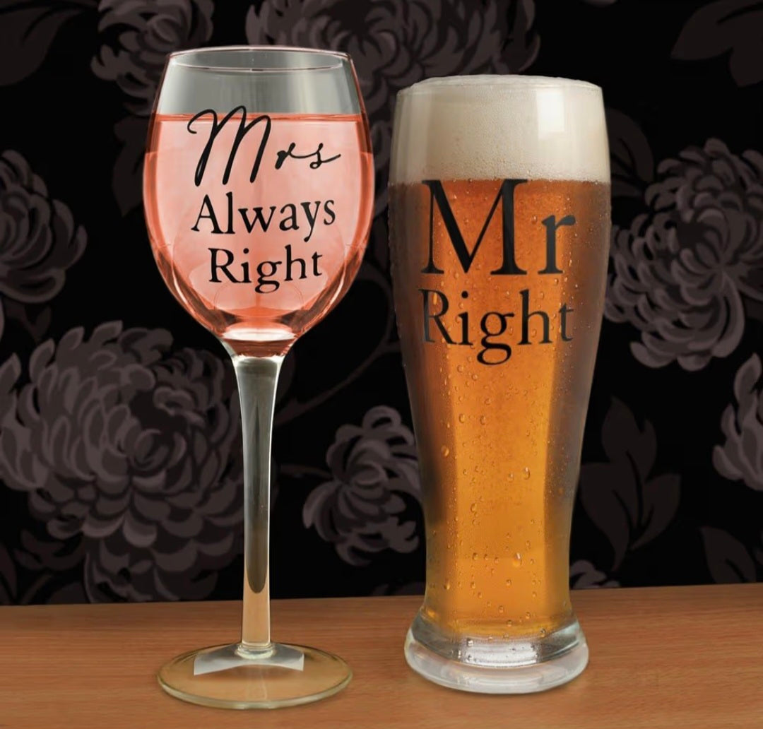 Mr Right and Mrs Always Right Pint & Wine Glass Gift Set with Box