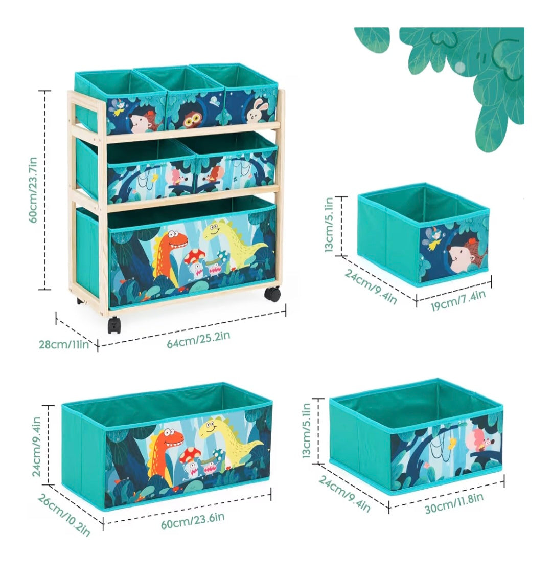 Children's Toy Organiser with Wheels and 6 Storage Containers with Large Capacity for Storing Toys for Nursery, Girls Room (Dinosaur)
